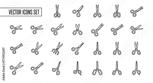 A collection of minimalistic linear pictograms representing various types of scissors, presented in a clean, white outline style against a black background, ideal for web and graphic design, apps
