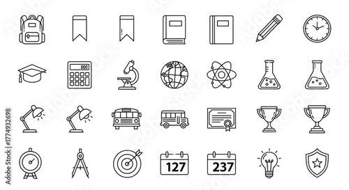 Modern Line Icon Pack for School, College, and University Design: A Comprehensive Collection for Websites, Apps, and Cards, Featuring Linear Illustrations of Backpack, Bookmark, Book, Pencil, Clock