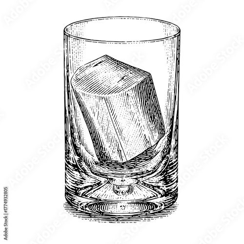 Engraved vector illustration of a whiskey glass with a large ice cube captured in a classic design, perfect for beverage enthusiasts and artists