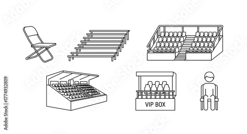 Outline icon set depicting audience and seating arrangements, including a folding chair, bleacher bench, grandstand, and VIP box, representing spectators and event infrastructure in a clean