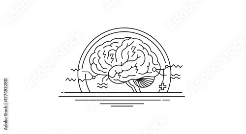Abstract line art illustration of a brain MRI scan icon, symbolizing mental health, medical science, and electrical brain activation or stimulation, presented as a thin linear sign and symbol for a