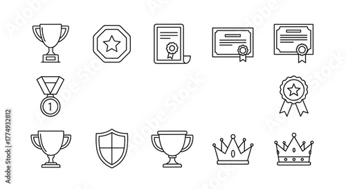Collection of award line icons, including a trophy, a star badge, a medal, a shield, a crown, and certificates, representing achievement, victory, and recognition. This editable stroke vector