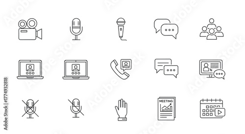 Collection of thin line icons representing video conferencing, online meetings, and virtual communication, presented on a clean white background for digital use. This set includes essential tools for