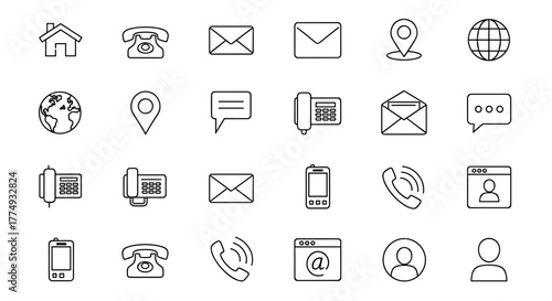 A collection of communication icons in a clean, white outline style on a black background, featuring essential contact symbols like home, phone, email, location pin, globe, fax, message bubble