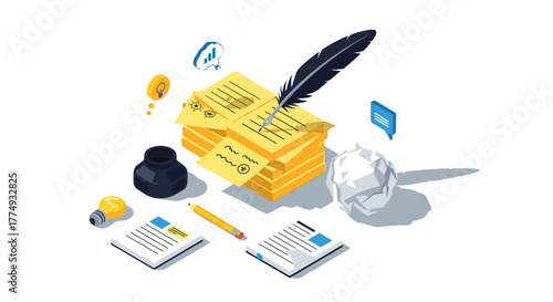Creative Writing Tools Isometric Vector Illustration Set: Featuring a stack of yellow notes with a quill pen, inkwell, crumpled paper ball, lightbulb, pencil, and documents, symbolizing ideas