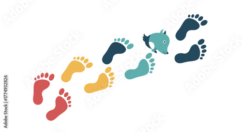Vibrant and playful flat vector illustration of colorful footprints in red, yellow, teal, and dark blue, leading towards a cute, stylized blue animal head, set against a stark black background