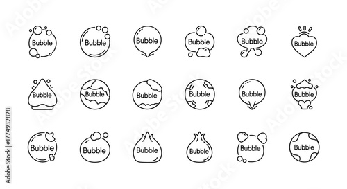 Collection of 16 unique line icons representing bubbles, including soap foam, fizzy drinks, oxygen bubbles, and effervescent effects. These editable stroke icons are isolated on a white background
