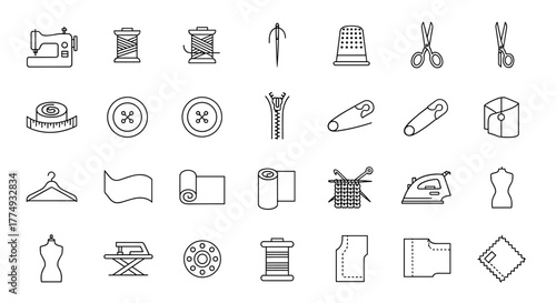 A comprehensive collection of thin line icons representing various sewing and tailoring tools and elements, presented on a clean white background, perfect for digital and print design projects