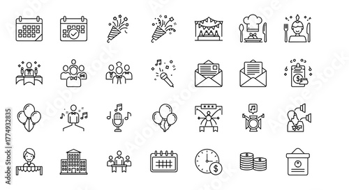 A comprehensive line icon set for event planning and organization, featuring elements like calendars, party poppers, festive decorations, catering, guest arrangements, invitations, entertainment