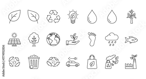 Ecology and sustainability thin line icon set, representing concepts like recycling, renewable energy, nature, water conservation, and environmental protection, perfect for eco-friendly design and
