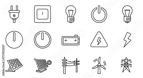 A comprehensive vector illustration set of electricity-related icons, featuring a power plug, light bulb, power button, battery, high voltage warning, lightning bolt, solar panels, wind turbine, and