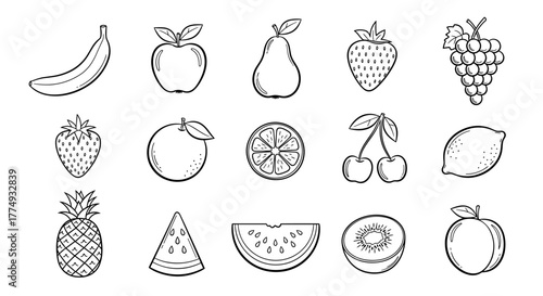 A collection of hand-drawn doodle icons representing a variety of fresh fruits, including a banana, apple, pear, strawberry, orange, lemon, grapes, cherries, pineapple, watermelon slice, kiwi slice