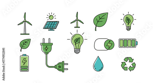 Vibrant green energy icon set featuring a collection of renewable energy, ecology, and green electricity symbols, including wind turbines, solar panels, lightbulbs with leaves, batteries, water