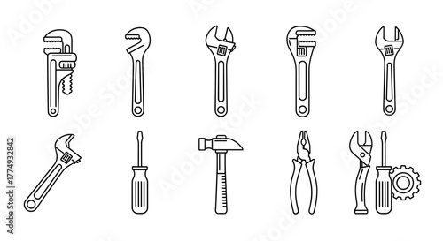 Collection of essential hand tools in a clean, minimalistic line art style, featuring adjustable wrenches, pipe wrench, screwdrivers, hammer, pliers, and a gear. This editable stroke vector bundle is