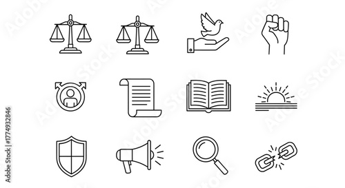 Human rights line icon set: Simple outline symbols representing justice, law, equality, social activism, and freedom. This collection features clear vector icons for concepts like scales of justice