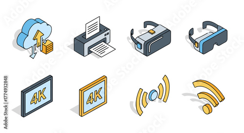 Isometric line icon set showcasing modern technology and digital symbols, including cloud computing with upload arrows, a printer, VR glasses, 4K resolution monitors, and wireless signal icons