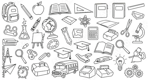 A diverse collection of hand-drawn school supplies and educational icons, perfect for back-to-school themes, presented in a clean sketch style on a black background, ideal for wrapping paper