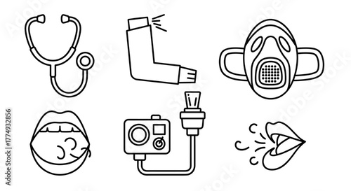Collection of outline icons representing respiratory health, including a stethoscope for listening to lungs, an asthma inhaler for breathing assistance, an oxygen mask for respiratory support, a