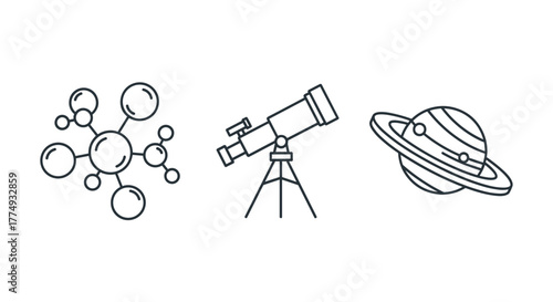 Set of outline science exhibition icons, including a molecule model, a telescope on a tripod, and a planet model with rings, representing scientific exploration, discovery, and the universe, perfect