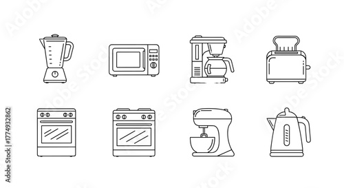 Collection of modern kitchen appliance outline icons in a clean line art style, perfect for representing home cooking, food preparation, and culinary technology, featuring a blender, microwave