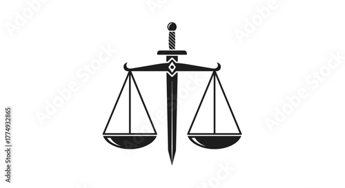 Symbolic line-style icon representing the Scales of Justice, featuring balanced and unbalanced scales, a sword symbolizing judgment, and a diamond shape, all rendered in a clean, modern aesthetic