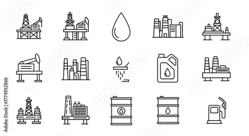 Set of editable stroke outline web icons representing the oil and gas industry, including oil rigs, refineries, petroleum drops, lubricant canisters, oil barrels, and gas pumps, presented on a black