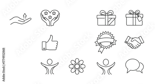 Set of Thank You Vector Line Icons: Gratitude, Appreciation, Thx Speech Bubble, Gift Box, Thumbs Up, Handshake, Stars in Hands, and More. Editable Stroke, 48x48 Pixel Perfect Icons for Business and
