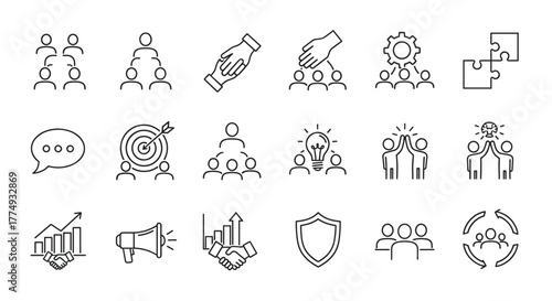 A comprehensive set of line-style web icons representing teamwork, collaboration, and business concepts, including handshake, hierarchy, target, idea generation, and puzzle pieces, perfect for