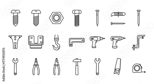 Collection of black outline icons representing various hardware and construction elements, including screws, nuts, bolts, nails, hooks, drills, and other fixation tools, isolated on a white