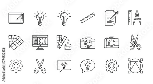 Set of creative graphic design line icons, including a drawing tablet, light bulbs for ideas, ruler, document with pencil, compass, color palette, computer with design software, paint brush, cameras