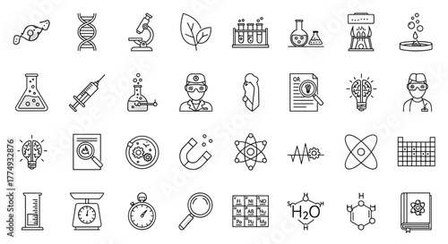 Vivid science icon set featuring biology, laboratory equipment, experiments, scientists, research tools, physics symbols, chemistry molecules, and more, representing science education and discovery