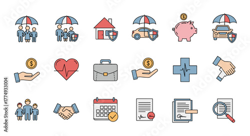 Collection of Insurance-Related Line Icons: People and Family Under Umbrella Outline Signs for Graphic and Web Design, Apps, Advertisements, Various Cards, Version 2. This set features diverse icons