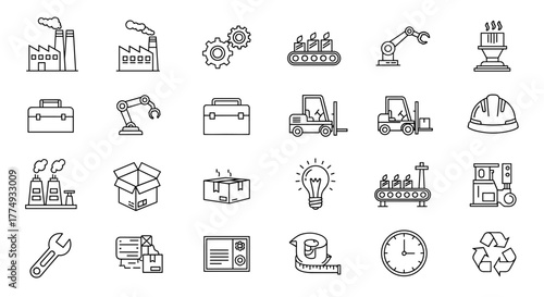 Collection of outline symbols representing factory and manufacturing processes, including factories, gears, conveyor belts, robotic arms, forklifts, hard hats, boxes, lightbulbs, and tools, all