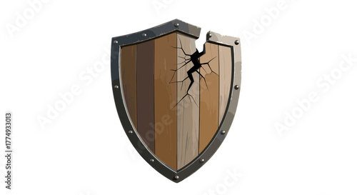 A cracked wooden shield with a metal rim, symbolizing defense failure, vulnerability, or damage, presented as a vector illustration suitable for graphic design, web, apps, and advertising.