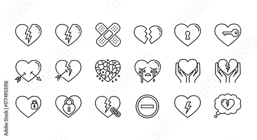 Collection of broken heart related line icons, outline signs for graphic and web design, apps, adverts, various cards, vector cartoon illustration with Cupid's arrow, shattered heart, and other