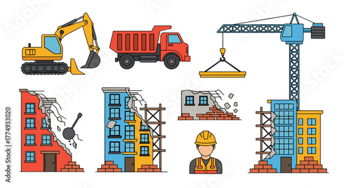 Vibrant flat vector illustrations depict a construction site with heavy machinery like excavators and dump trucks, alongside a crane lifting materials, symbolizing urban development and