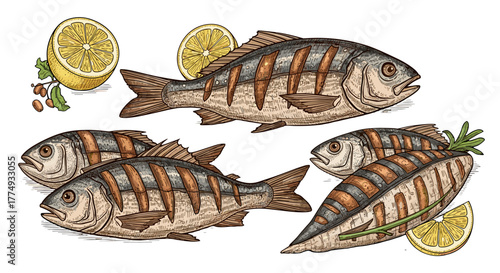 Engraved illustration set of grilled fish and lemon slices, presented in a retro culinary style, perfect for vintage food packaging, menu design, or restaurant branding, evoking a sense of classic