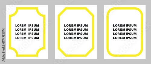 Three white cards with yellow borders of different white  and lorem ipsum text inside of the borders