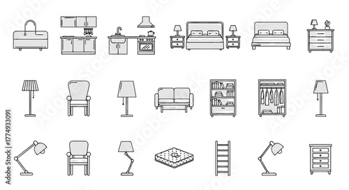 Collection of flat line icons representing various furniture items and household objects, including kitchen appliances, bedroom sets, seating, storage solutions, lighting, and a ladder, all rendered
