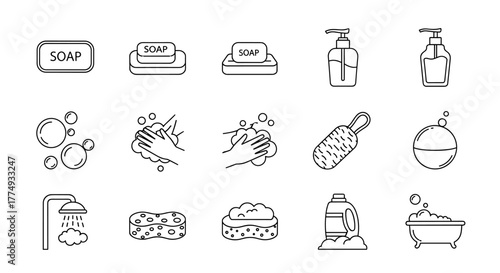 Collection of minimalistic linear pictograms representing soap and hygiene items, perfect for web, graphic design, apps, banners, social networks, and cards. Includes soap bars, liquid soap