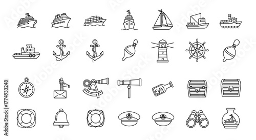 A comprehensive collection of nautical and maritime-themed line icons, featuring a diverse array of ship types, navigational tools, and seafaring symbols, perfect for graphic and web design projects