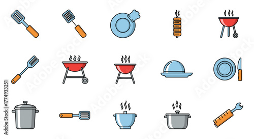 Collection of vibrant, flat-design cooking icons, perfect for graphic design projects, apps, and websites. Features include barbecue grills, spatulas, pots, plates, and serving dishes, all rendered