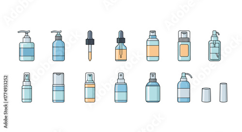 Collection of cosmetic bottles and containers, including pump dispensers, dropper bottles, spray bottles, and jars, presented as a clean, modern vector cartoon illustration with a black background