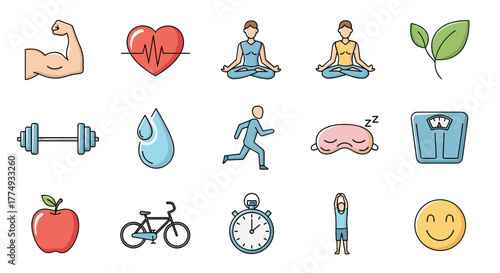 Vibrant Collection of Healthy Lifestyle Icons: Featuring Fitness, Wellness, and Balanced Living Elements. This Set Includes Icons for Strength, Heart Health, Yoga, Nature, Hydration, Running, Sleep