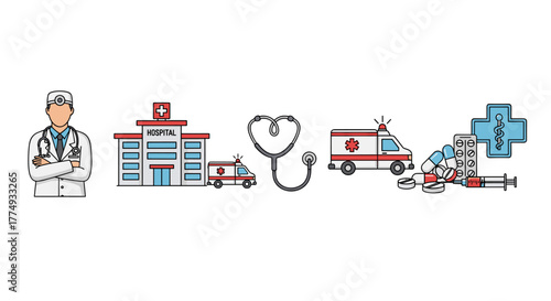 A vibrant and detailed vector cartoon illustration showcasing essential medical elements including a doctor, hospital building, stethoscope, ambulance, pills, and syringe, perfect for websites, apps