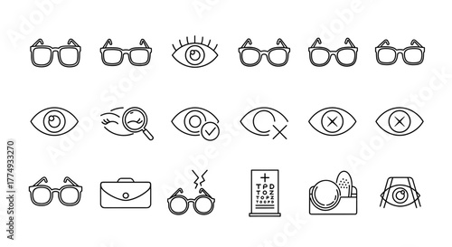 Collection of eye and glasses related line icons, including various spectacles, eye examination charts, and visual impairment symbols, perfect for graphic and web design, apps, adverts, and cards