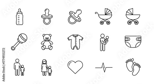 A comprehensive bundle of line icons representing family, baby, infant, and parenthood, featuring outline signs perfect for graphic and web design, mobile applications, advertisements, and various