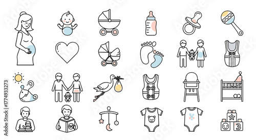 Modern outline style icons depicting family life and baby essentials, including pregnant woman, baby, heart, stroller, bottle, pacifier, rattle, footprints, parents, baby clothes, stork, high chair