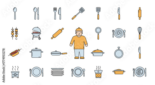 A vibrant collection of simple, outline-style cooking icons, perfect for graphic design, apps, and conceptual illustrations. This bundle features essential kitchen utensils, barbecue elements