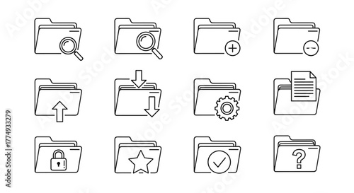 Collection of twelve minimalist line art icons representing various computer folder operations and states, including search, add, delete, upload, download, settings, document, locked, favorite
